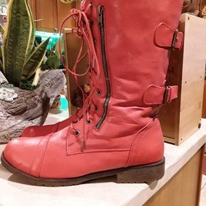 Red lather zip up sting up winter boots